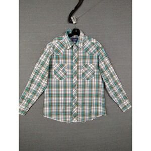 Wrangler Shirt Mens Large Blue Gray Plaid Western Pearl Snap Cowboy Rodeo